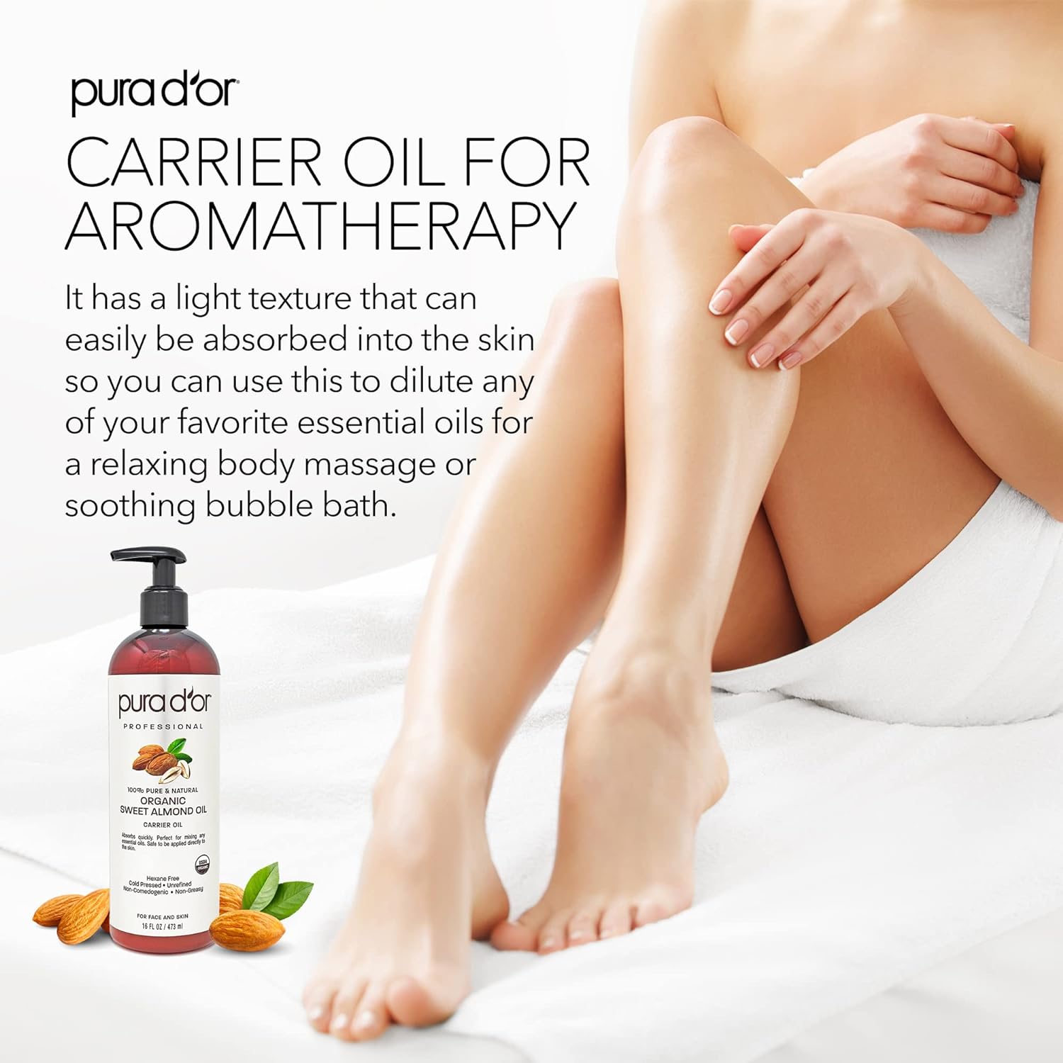 PURA D'OR Organic Sweet Almond Oil (16oz) USDA Certified 100% Pure & Natural Carrier Oil - Hexane Free - Skin & Face - Facial Polish, Full Body, Massages, DIY Base (Packaging may vary) - 24hrsmart